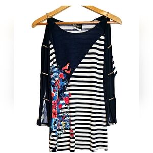 ARTEX 🇨🇦 Nautical Stripes Floral Tunic 3/4 Open Sleeve Women Small